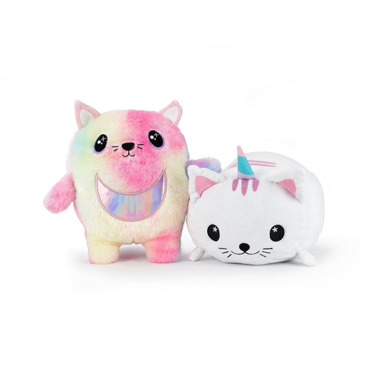 Meet Daisy and Cat Monstah Pair: a pastel rainbow cat with a shiny crescent belly, and a white cat with unicorn horn and purple-striped mane—both machine-washable plushies with big, round eyes.