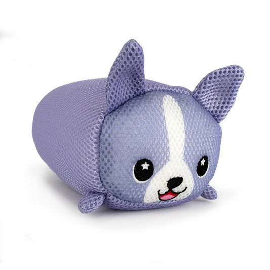 Aqua Moosh-Moosh Carrie is a plush toy shaped like a dog with a purple mesh body, large pointy ears, starry black eyes, a white facial stripe, and a smiling mouth showing its red tongue.