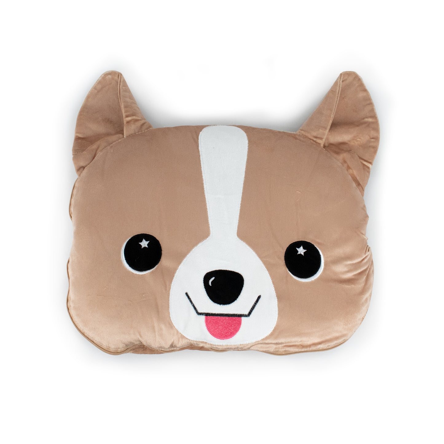 The 2-in-1 Pillow Blanket - Corey the Corgi is a soft fleece corgi pillow shaped like a cartoon dog’s face, with starry eyes, white snout, smiling mouth with pink tongue, and big upright ears.