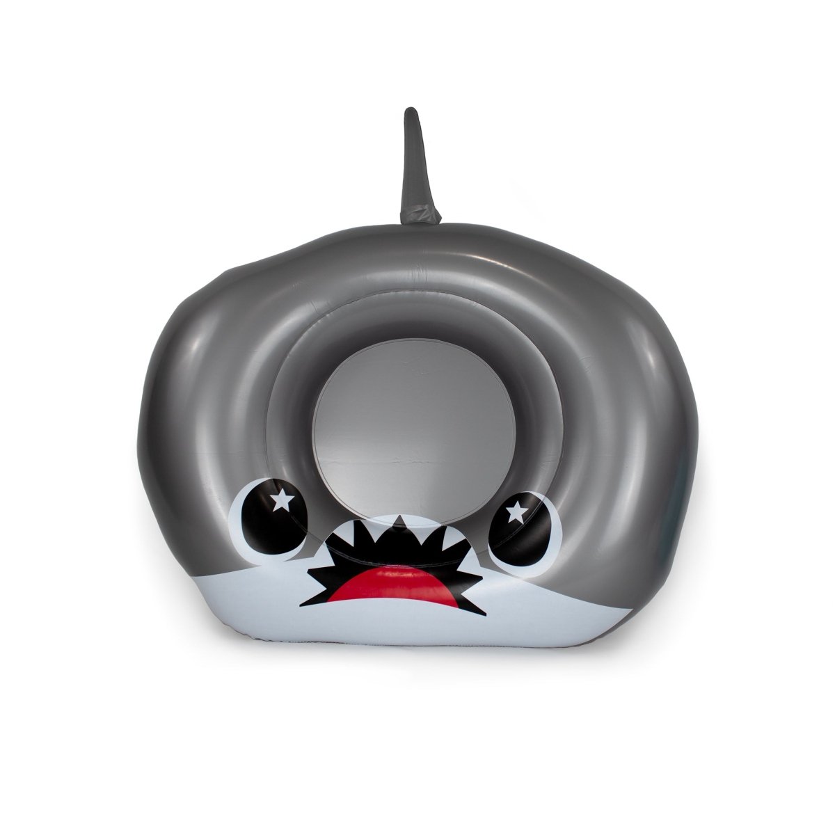 The Bubblegum 32" Inflatable Pool Float features a gray shark design with cartoon eyes, an open red mouth with black teeth, and a round center—ideal for pool parties or relaxing with Moosh-Moosh floaties.