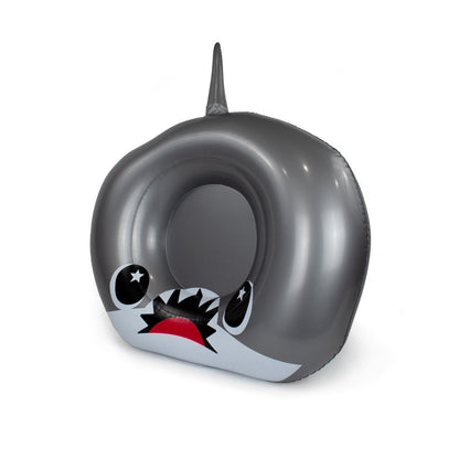 The Bubblegum 32" Inflatable Pool Float is a gray shark-shaped float with cartoon eyes, a red mouth with teeth, and a dorsal fin—ideal for bringing fun to your pool party floats collection.