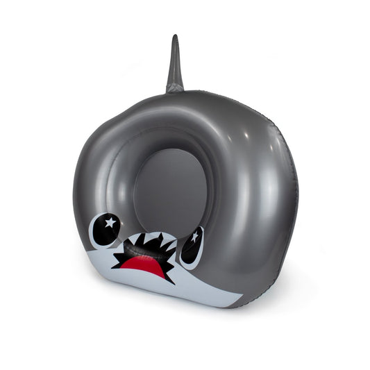 The Bubblegum 32" Inflatable Pool Float is a gray shark-shaped float with cartoon eyes, a red mouth with teeth, and a dorsal fin—ideal for bringing fun to your pool party floats collection.