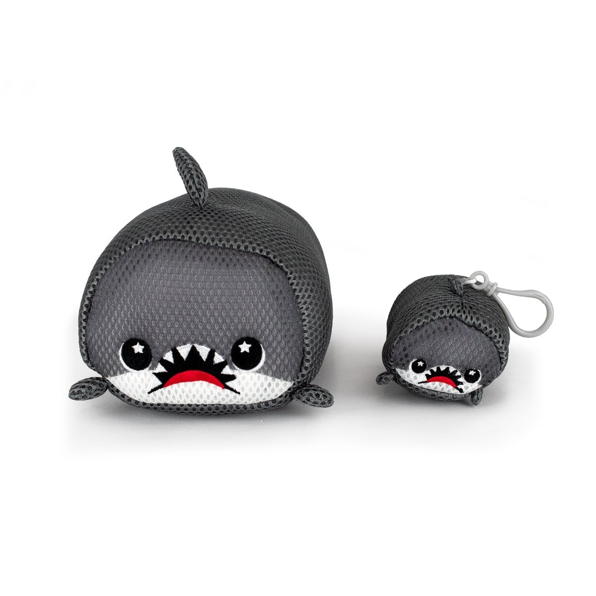 Two Aqua Moosh-Moosh Crush plush shark keychains, in large and small sizes, both gray with white undersides, black eyes, red mouths, and jagged white teeth, are displayed together against a white background.