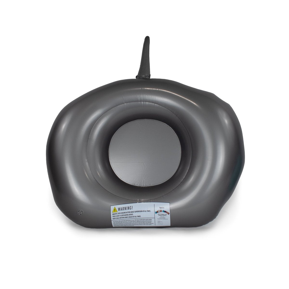 The Bubblegum 32" Inflatable Pool Float is a black Moosh-Moosh shark design with a fin on top and a central circular opening. It features a warning label on the bottom front, ideal for fun pool parties. Displayed against a white background.