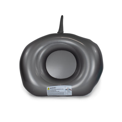 The Bubblegum 32" Inflatable Pool Float is a black Moosh-Moosh shark design with a fin on top and a central circular opening. It features a warning label on the bottom front, ideal for fun pool parties. Displayed against a white background.