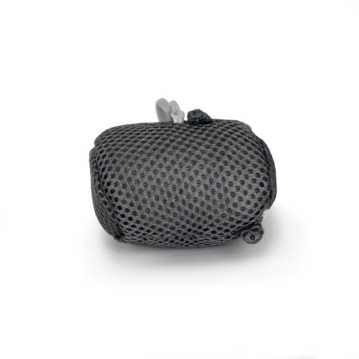 The Aqua Plush Clip-on Crush is a small, black mesh pouch with a rounded shape made from quick-drying fabric—ideal for bath or pool. It features a light gray plastic clip at the top and is shown on a white background.