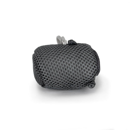 The Aqua Plush Clip-on Crush is a small, black mesh pouch with a rounded shape made from quick-drying fabric—ideal for bath or pool. It features a light gray plastic clip at the top and is shown on a white background.