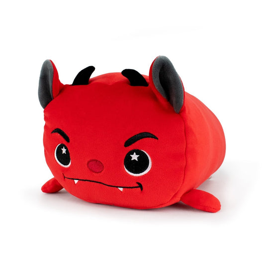 Meet Demian the Demon: a plushie shaped like a red devil with black horns, pointy ears, big starry eyes, a round nose, fangs, and a mischievous grin—your cuddly bedtime friend, shown against a white background.