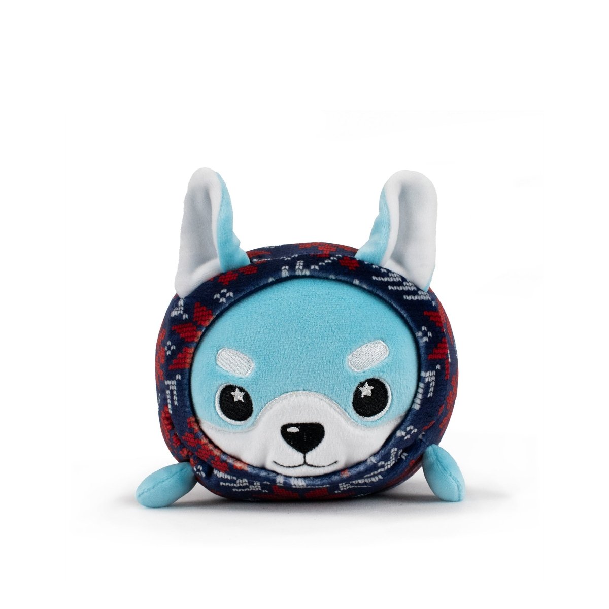 Yuki the Snowfox Slumber, a plush blue and white stuffed animal with big eyes, a round face, small ears, and a navy and red patterned hood, sits upright against a white background—perfect as a holiday gift.