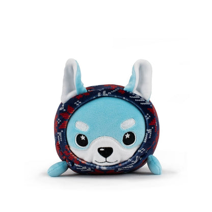 Yuki the Snowfox Slumber, a plush blue and white stuffed animal with big eyes, a round face, small ears, and a navy and red patterned hood, sits upright against a white background—perfect as a holiday gift.