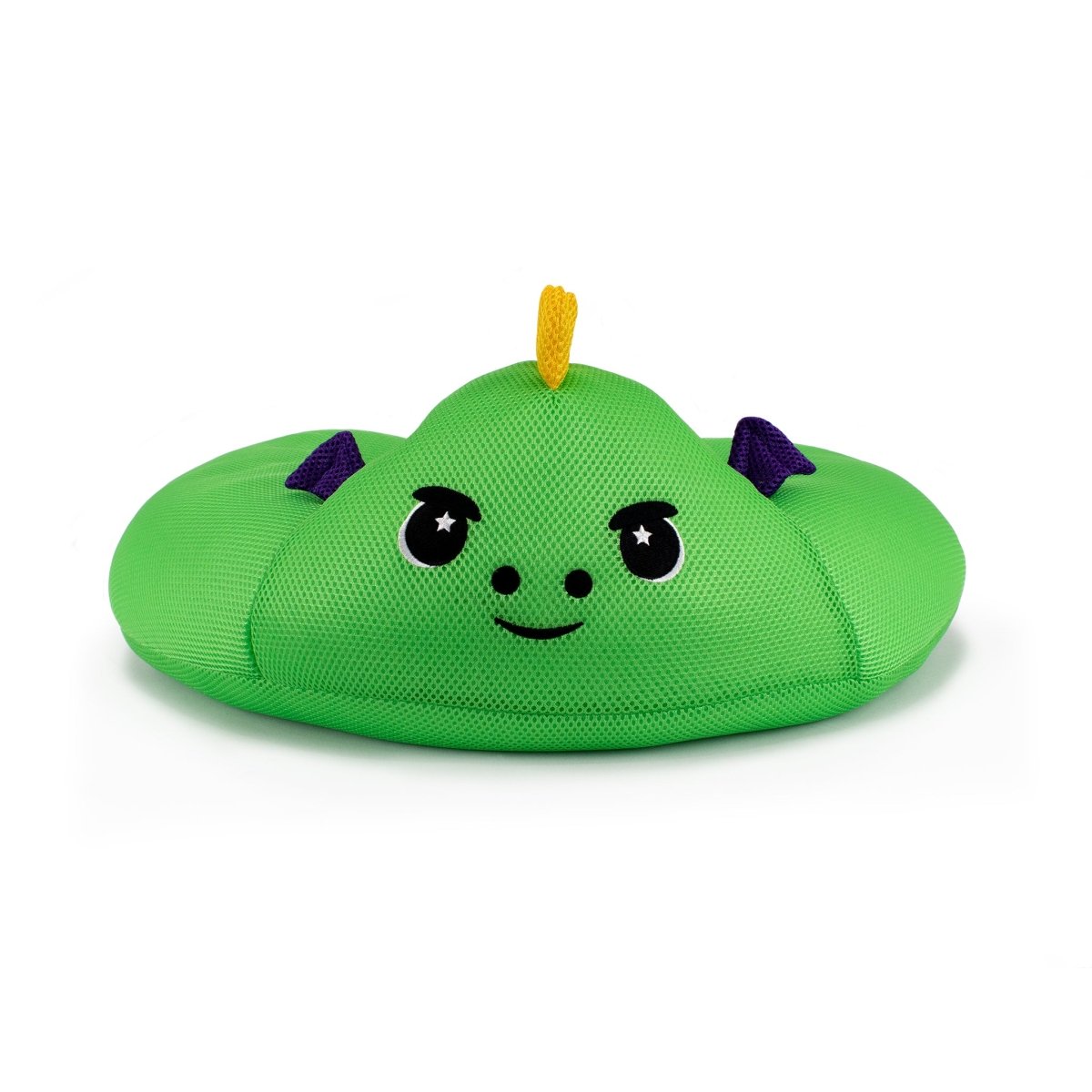 The Drac Crescent 23" Aqua Plush is a green, water-friendly dinosaur head toy with two purple horns, a yellow tuft, and big expressive eyes—perfect for poolside or bath-time play.