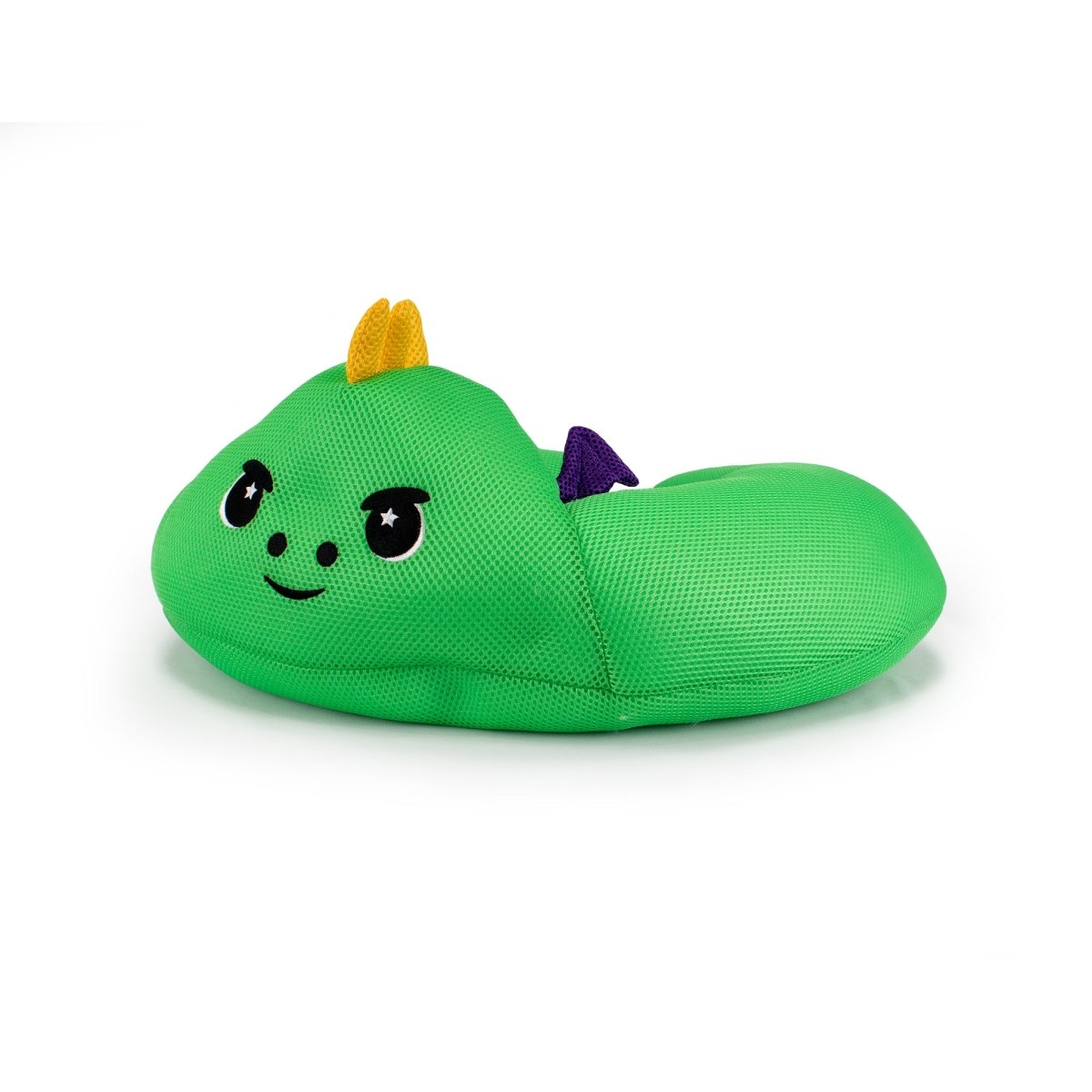 The Drac Crescent 23" Aqua Plush is a green dinosaur-shaped plush toy with a smiling face, yellow horns, purple spikes, and star-shaped eyes. Water-friendly and quick-drying, it’s perfect for pool or bath time. Shown on a white background.