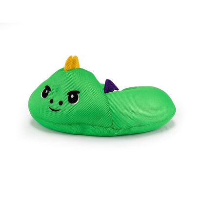 The Drac Crescent 23" Aqua Plush is a green dinosaur-shaped plush toy with a smiling face, yellow horns, purple spikes, and star-shaped eyes. Water-friendly and quick-drying, it’s perfect for pool or bath time. Shown on a white background.