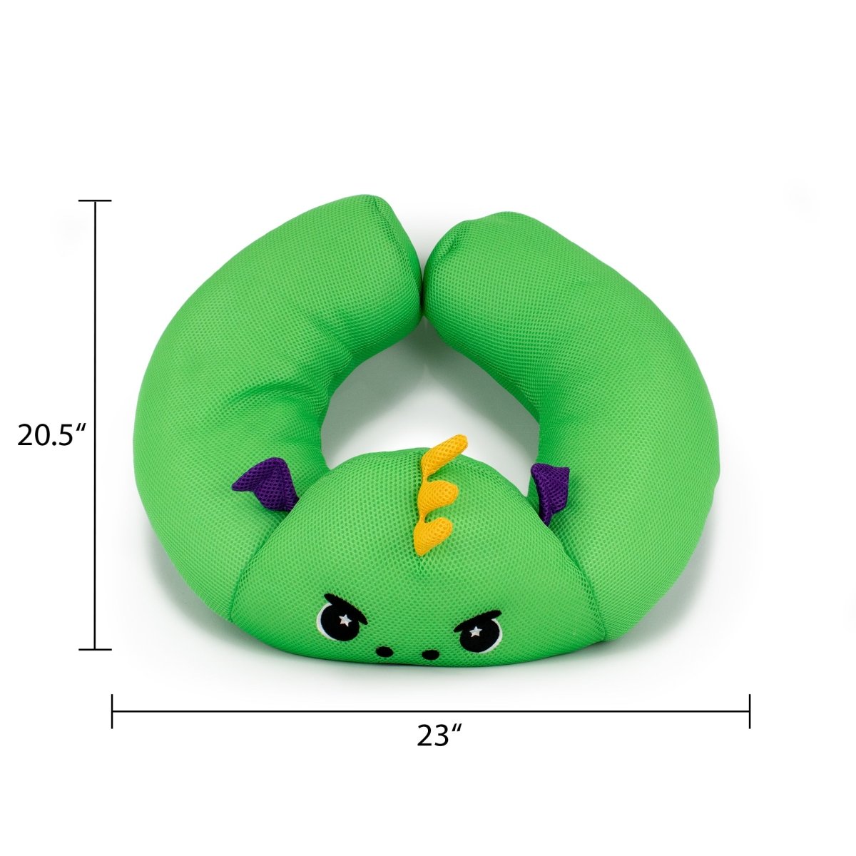The Drac Crescent 23" Aqua Plush is a green, U-shaped children’s neck pillow with a dinosaur face, purple ears, and yellow spikes. Made of fast-drying plush fabric, it’s cuddly, water-friendly, and measures 20.5” tall by 23” wide—great for travel or pool time!.