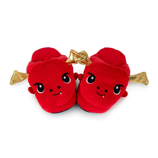 Ash the Dragon Kids Slipper features bright red plush, smiling faces, small black horns, white fangs, shiny gold tails, and non-slip soles—bringing playful comfort and dragon charm to every step.