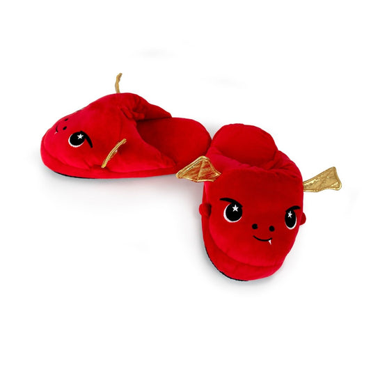 Ash the Dragon Kids Slipper: Plush red house slippers with cute dragon faces, gold wings, and small horns. Non-slip soles make them perfect for little Ash the Dragon fans.