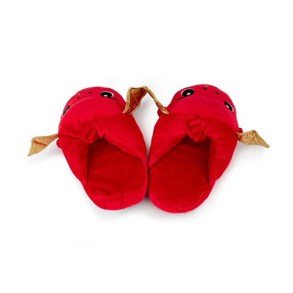 Ash the Dragon Kids Slipper: Red plush house slippers for kids designed as dragons, with embroidered eyes, gold fabric wings on the sides, and a non-slip sole for safety.