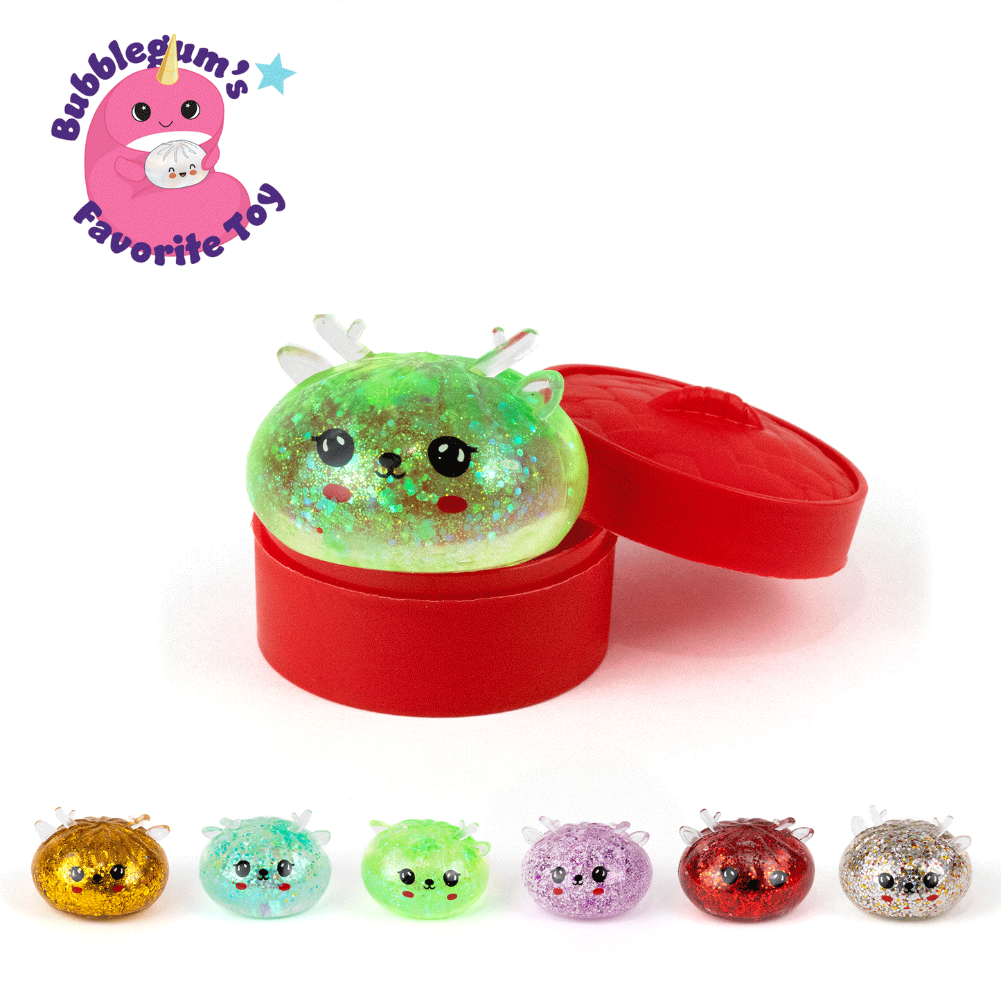 A glittery green Bubblegum’s Favorite Toy - Jr Reindeer Mystery Maltose Dumpling sits inside a red round container, with six additional reindeer-themed stress relief toys in various colors displayed in a row below.