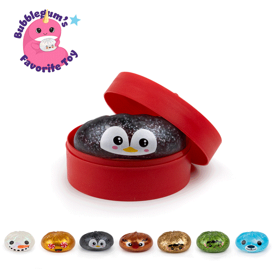 A black penguin-shaped Bubblegum’s Favorite Toy - Holiday Mystery Maltose Dumpling inside a round red container, displayed with a row of seven other festive character squishies below.