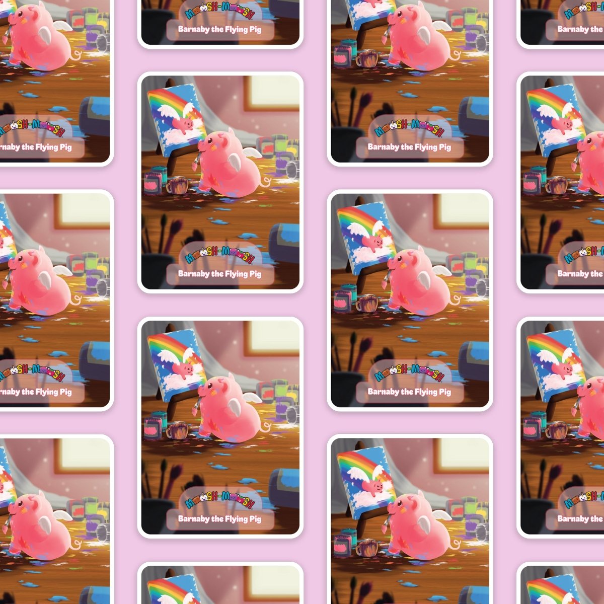 Moosh-Moosh 3" x 4" Vinyl Stickers feature a playful pattern of Barnaby the pink flying pig with art supplies and a rainbow painting, set on cards with purple borders and colorful designs.
