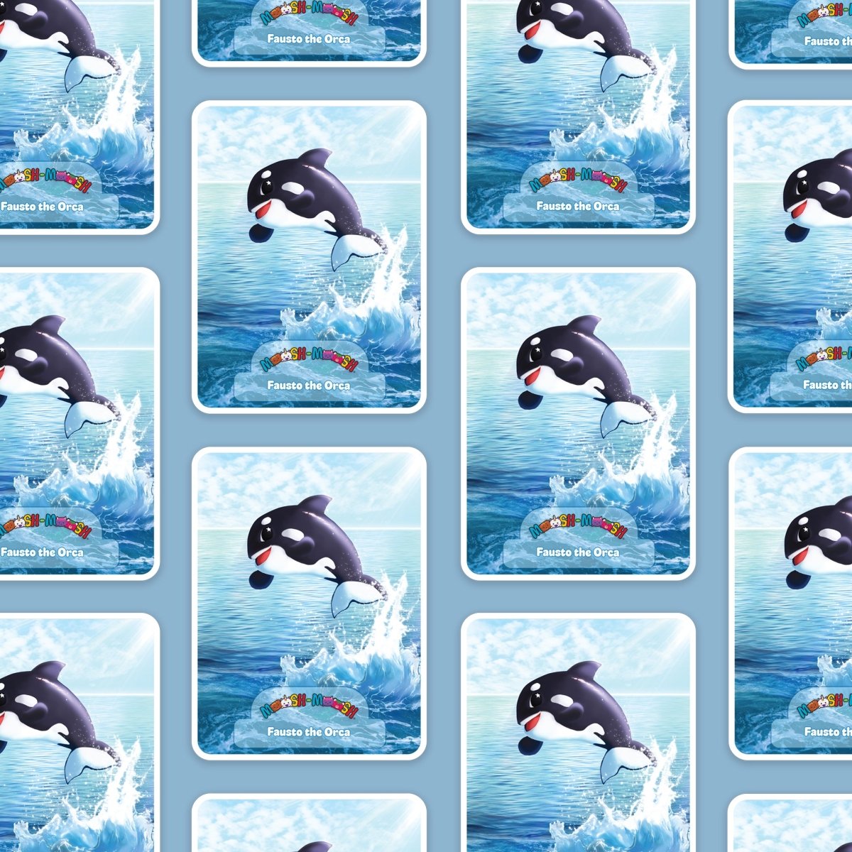 The Moosh-Moosh 3" x 4" Vinyl Stickers feature Fausto the Orca leaping from the ocean with splashes on a blue water background—cute, water-resistant, and perfect for animal sticker fans.