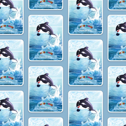 The Moosh-Moosh 3" x 4" Vinyl Stickers feature Fausto the Orca leaping from the ocean with splashes on a blue water background—cute, water-resistant, and perfect for animal sticker fans.