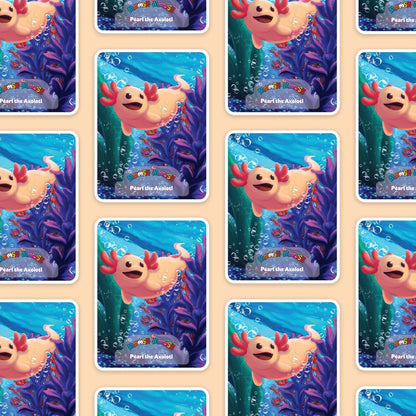 The Moosh-Moosh 3" x 4" Vinyl Stickers feature a colorful repeating pattern of cartoon axolotl Pearl swimming among plants and bubbles on a light tan background. These cute, durable stickers are water-resistant and perfect for any surface.
