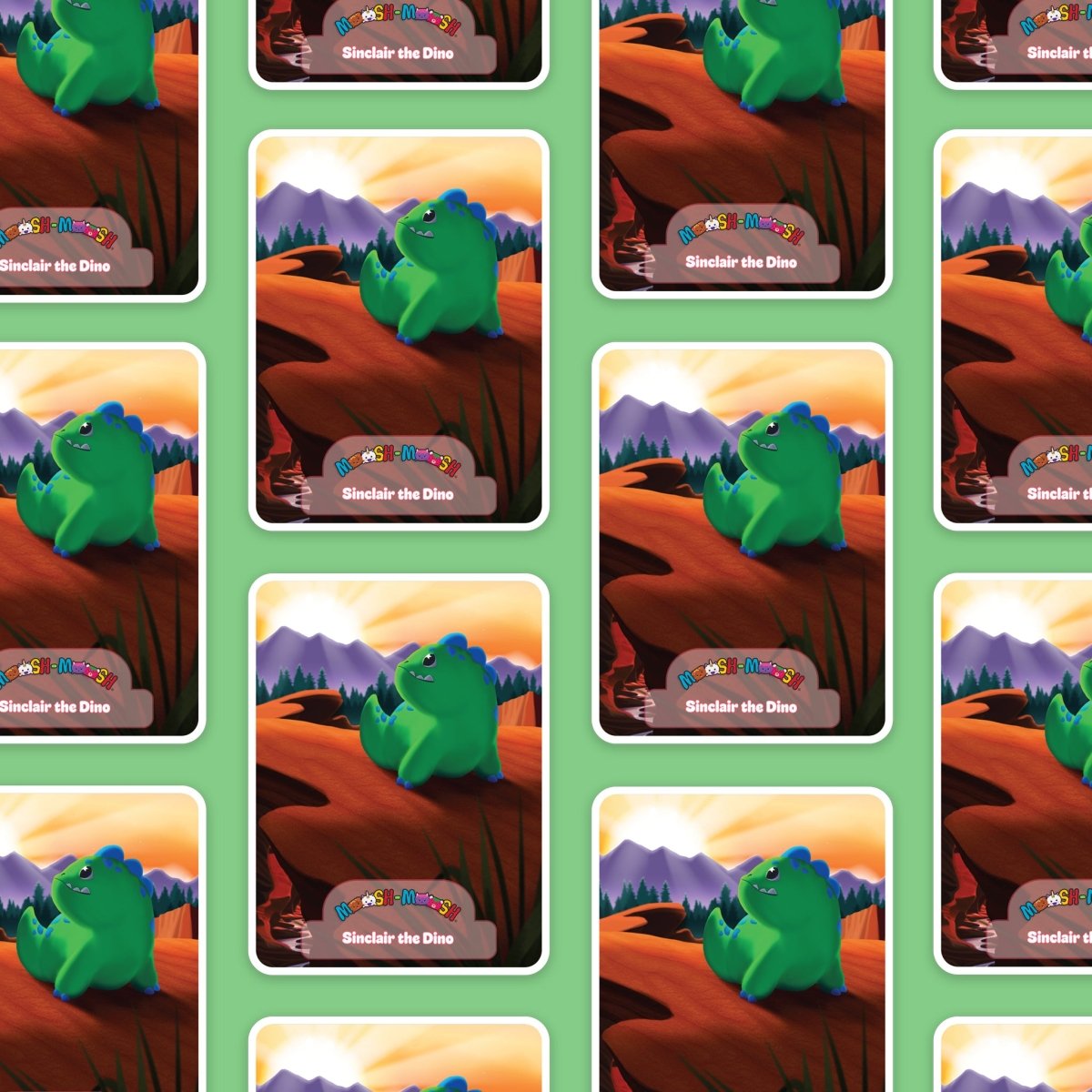 Moosh-Moosh 3" x 4" Vinyl Stickers with a repeating cartoon trading card design: Sinclair the green dino sits on red rocks with mountains and a sunset, each card featuring colorful borders, rounded corners, and cute animal sticker style.