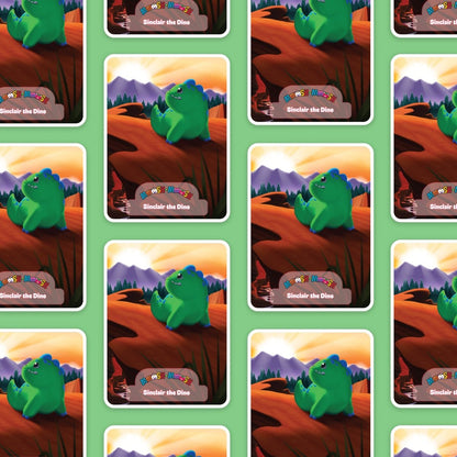 Moosh-Moosh 3" x 4" Vinyl Stickers with a repeating cartoon trading card design: Sinclair the green dino sits on red rocks with mountains and a sunset, each card featuring colorful borders, rounded corners, and cute animal sticker style.