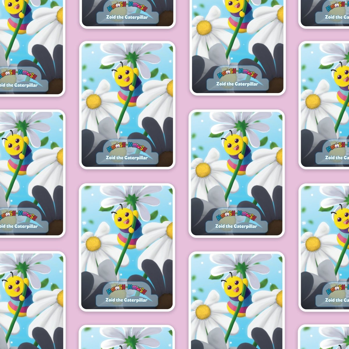 A repeat pattern of cards features Zoid the Caterpillar—a cute, yellow-faced cartoon among white flowers and clouds on pink. Ideal for Moosh-Moosh 3" x 4" Vinyl Stickers; perfect for cute, water-resistant sticker collections.
