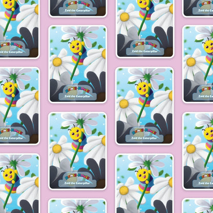 A repeat pattern of cards features Zoid the Caterpillar—a cute, yellow-faced cartoon among white flowers and clouds on pink. Ideal for Moosh-Moosh 3" x 4" Vinyl Stickers; perfect for cute, water-resistant sticker collections.