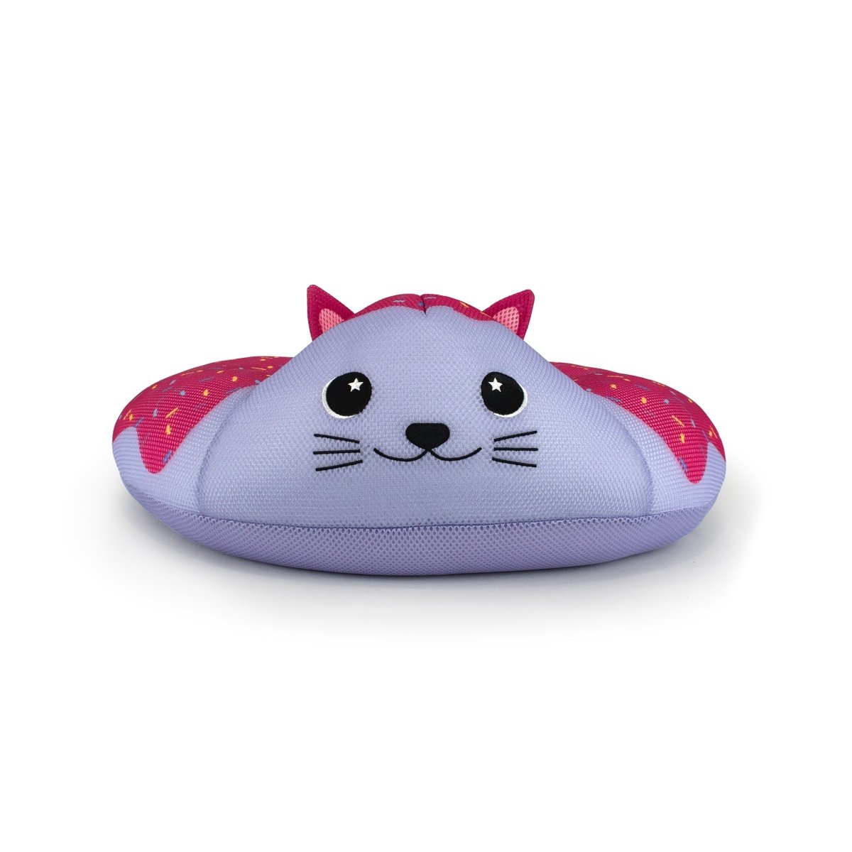 The Freckles Crescent 23" Aqua Plush is a water-friendly cat-shaped plush toy with a purple body, pink ears, starry black eyes, and an embroidered face—perfect as a quick-dry companion after pool time.