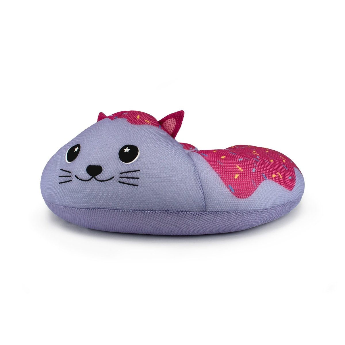 The Freckles Crescent 23" Aqua Plush is a quick-dry pillow shaped like a smiling purple cat with wide eyes, pink ears, and sprinkle-covered frosting—an adorable pool toy perfect for water-friendly fun.