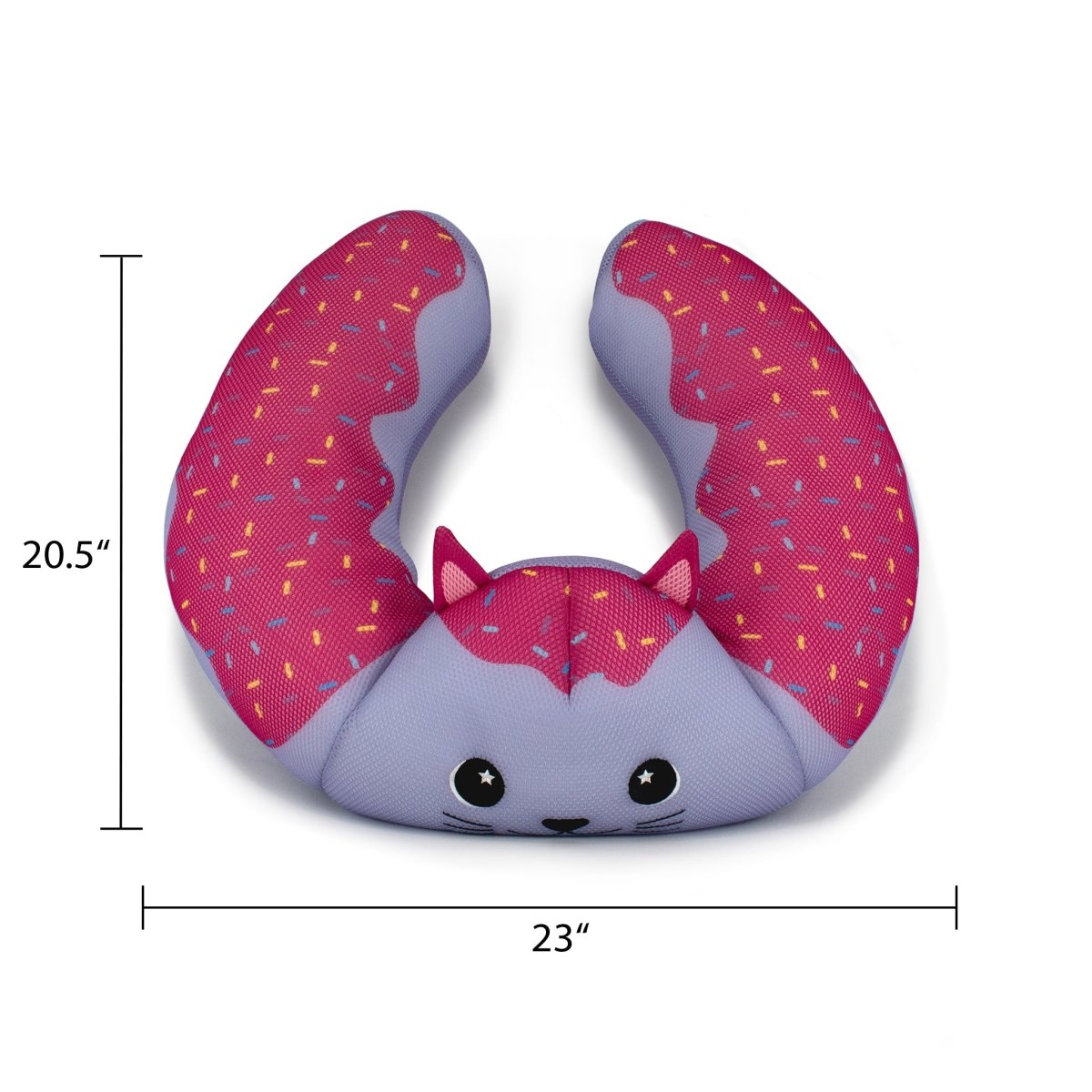 The Freckles Crescent 23" Aqua Plush is a cute, cat-shaped neck pillow with purple fur and pink sprinkle "ears," made from water-friendly plush. Perfect as a pool toy, it measures 20.5" tall by 23" wide.