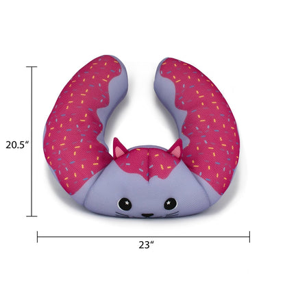 The Freckles Crescent 23" Aqua Plush is a cute, cat-shaped neck pillow with purple fur and pink sprinkle "ears," made from water-friendly plush. Perfect as a pool toy, it measures 20.5" tall by 23" wide.