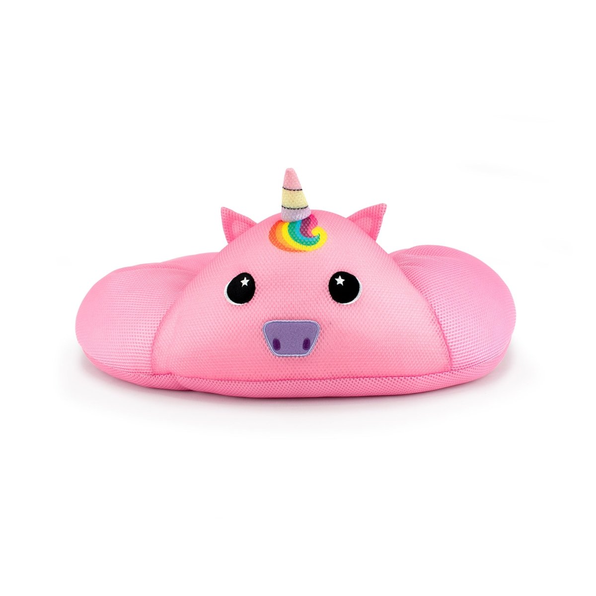 The Glitzy Crescent 23" Aqua Plush is a plush pink unicorn pillow with a rainbow horn, embroidered ears, black eyes with white stars, and a purple nostril area—perfect as a water-friendly, quick-drying plushie for pool or bath time fun.