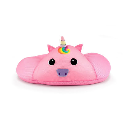 The Glitzy Crescent 23" Aqua Plush is a plush pink unicorn pillow with a rainbow horn, embroidered ears, black eyes with white stars, and a purple nostril area—perfect as a water-friendly, quick-drying plushie for pool or bath time fun.