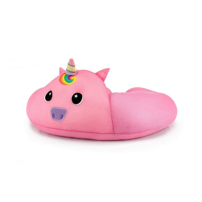 The Glitzy Crescent 23" Aqua Plush is a pink U-shaped neck pillow styled as a unicorn, with a rainbow horn, small ears, cute cartoon face, and purple snout. Made from water-friendly plush for easy cleaning and fast drying.