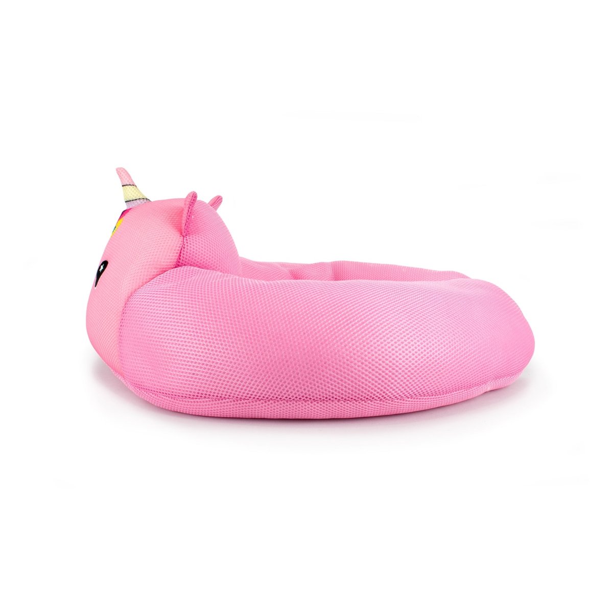 The Glitzy Crescent 23" Aqua Plush is a round aqua pet bed with a unicorn design—featuring a horn, ears, and embroidered eyes—made from quick-drying plush fabric and displayed on a white background.