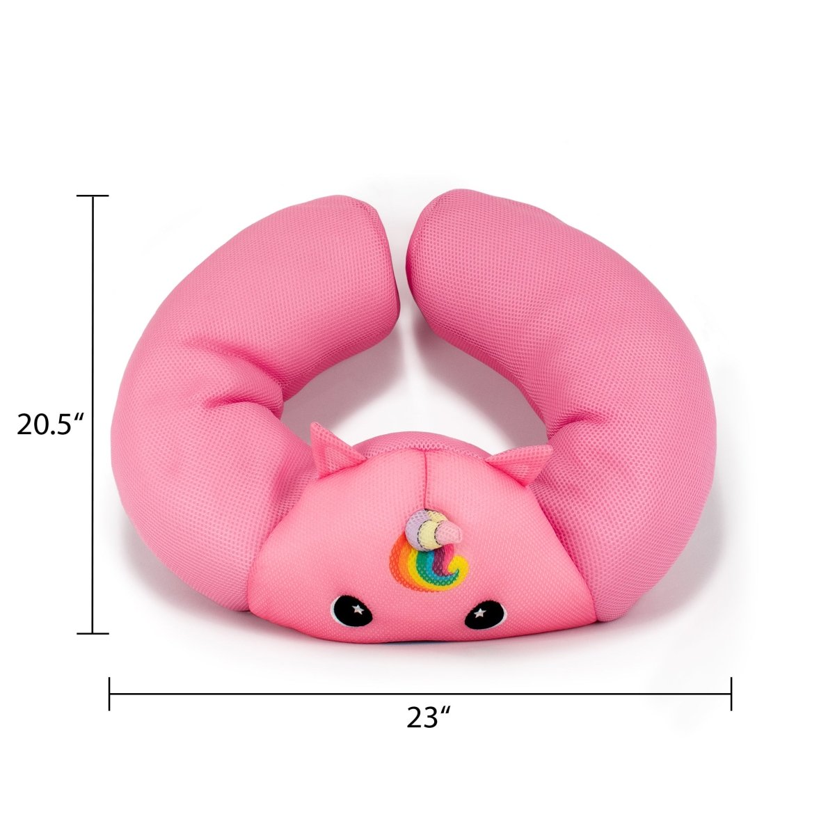 The Glitzy Crescent 23" Aqua Plush is a pink U-shaped neck pillow with a unicorn face, rainbow embroidery, and small ears. Made from quick-drying plush, it measures 20.5" tall by 23" wide—ideal for water play plushie fun.