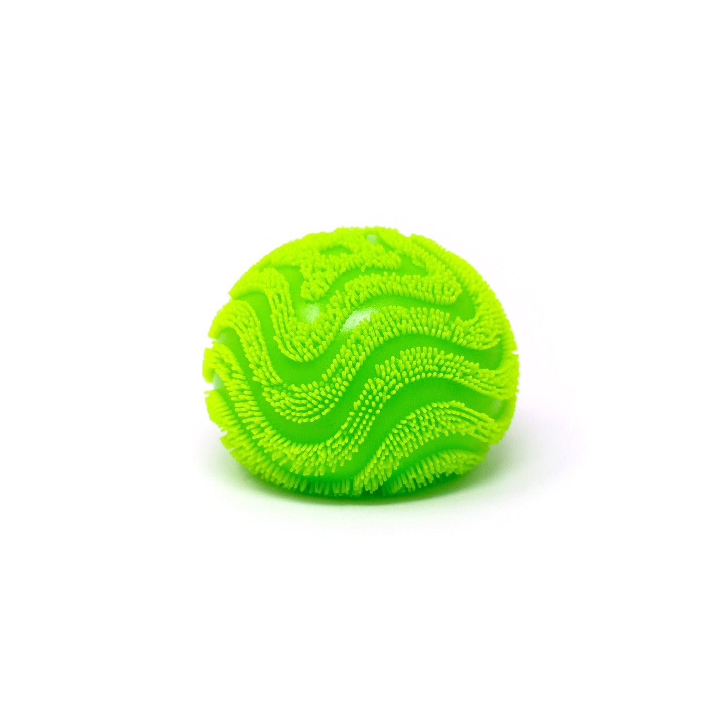 A vibrant green Bubblegum’s Favorite Toy - Maltose Vibe Ball, featuring a round textured rubber design with small bristles and wavy patterns, is displayed on a white background.