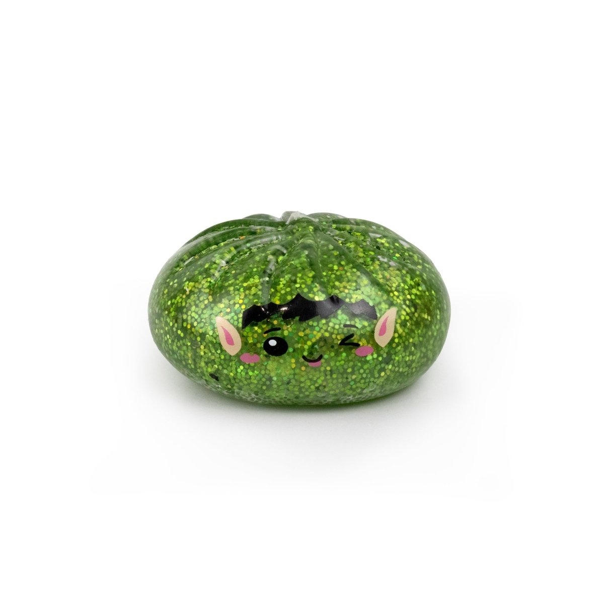 Bubblegum’s Favorite Toy - Holiday Mystery Maltose Dumpling is a green, glittery, squishy dumpling-shaped toy featuring a winking, black-haired elf face.