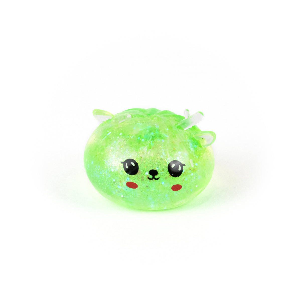 A small, round, lime-green Bubblegum’s Favorite Toy - Jr Reindeer Mystery Maltose Dumpling squishy toy with glitter, deer ears, antlers, and a cartoon face.