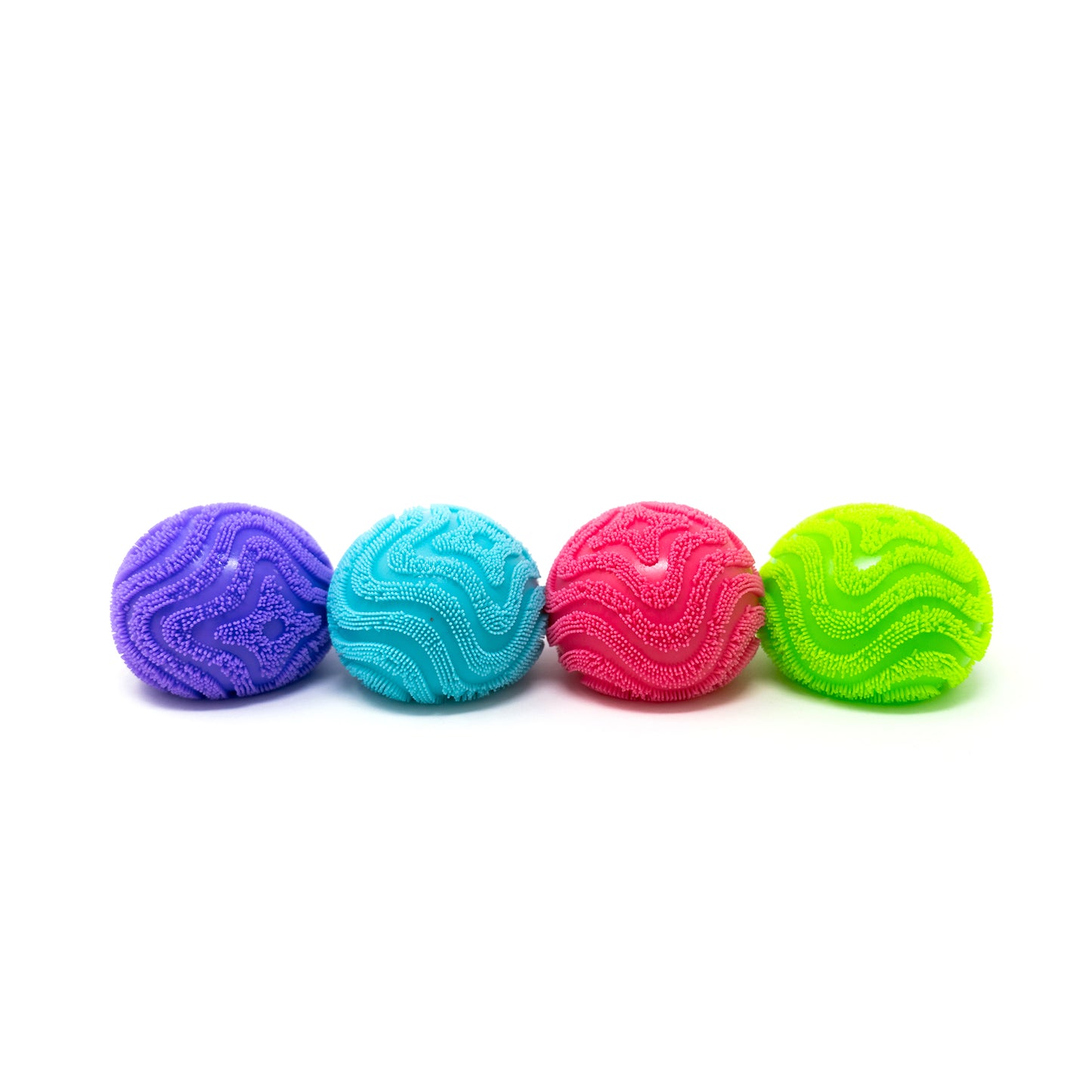 Four textured, round Maltose Vibe Balls from Bubblegum’s Favorite Toy in purple, blue, pink, and green are lined up side by side on a white background.
