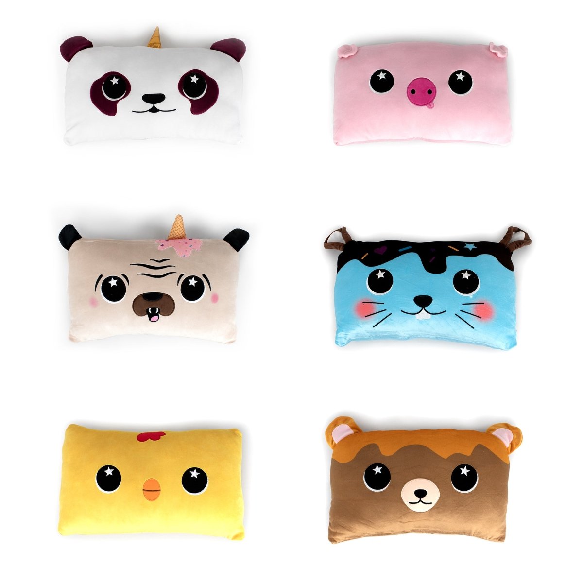 Six Patty 18" Cuddle Pillows—panda, pig, pug, cat, chick, and bear—are arranged in two columns on a white background. Each pillow features unique colors and adorable cartoon-style animal faces.