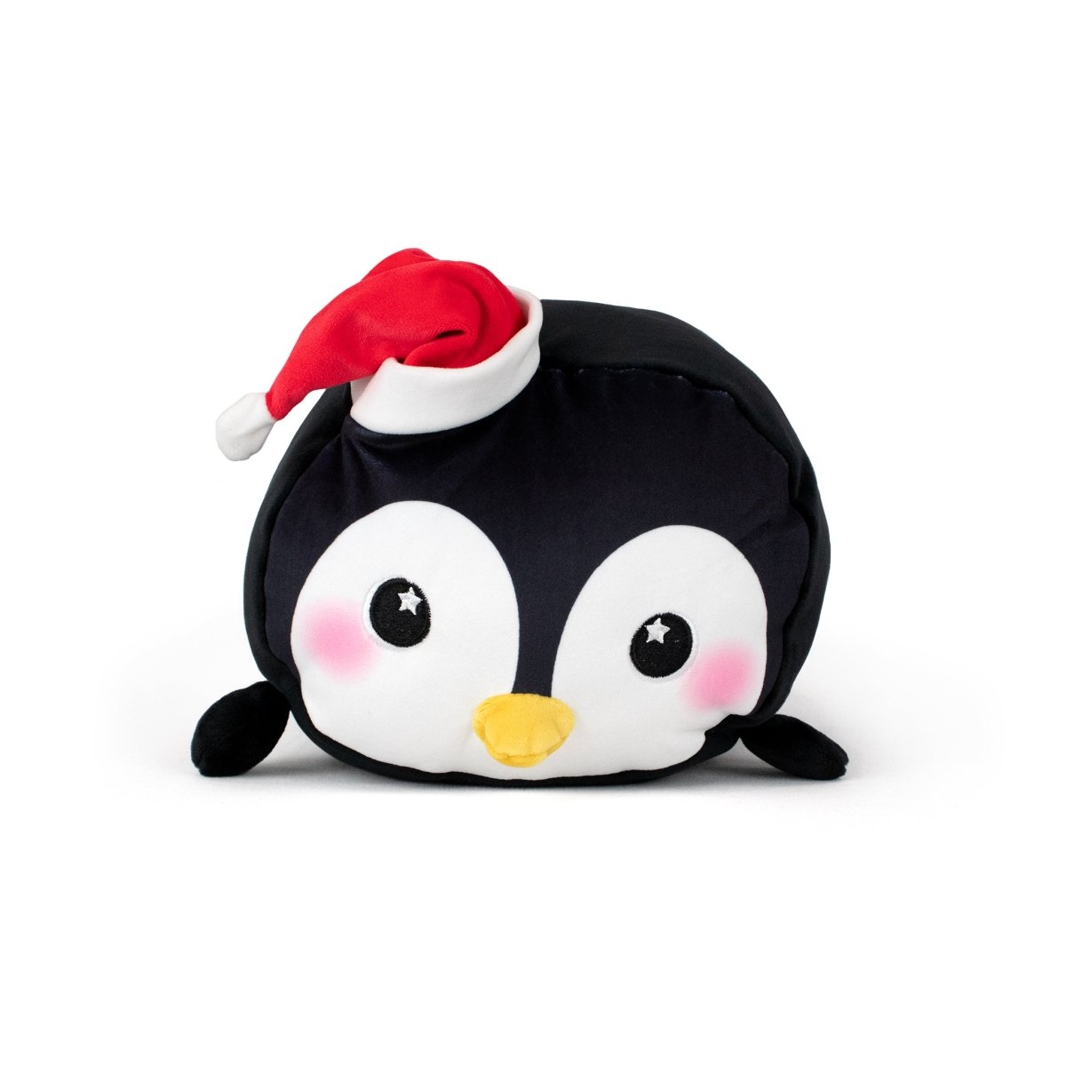 Gwen the Holiday Penguin is a round, ultra-soft plush toy with rosy cheeks and a yellow beak, wearing a festive red and white Santa hat, shown against a white background.