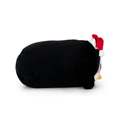 Gwen the Holiday Penguin is a plush toy shaped like a black penguin lying on its side, made from ultra-soft materials, featuring a yellow beak, rosy cheeks, and a festive red and white Santa hat.