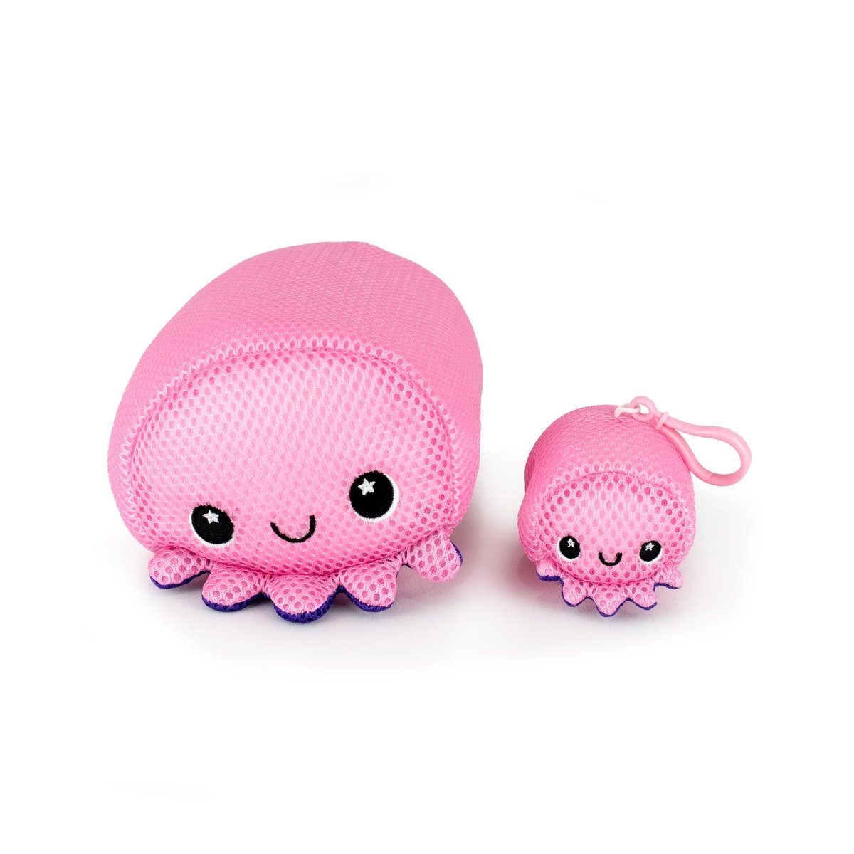 Two pink, mesh Aqua Moosh-Moosh Handi Andi plush octopus toys—one large, one small—sit side by side on a white background. Both have smiling faces and round black eyes with star highlights; the small one features an attached clip.