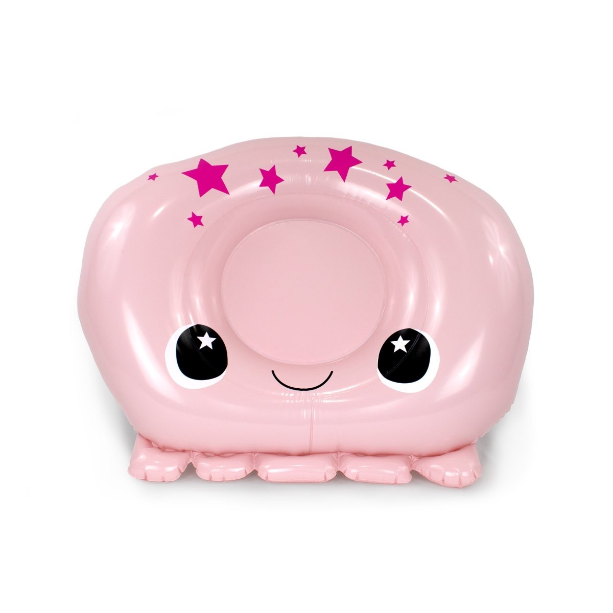 The Handi Andy 32" Inflatable Pool Float is a pink, jellyfish-shaped float with big eyes, a smiling mouth, star accents on top, and wavy tentacle-like edges—perfect for adding fun to your next pool party!.