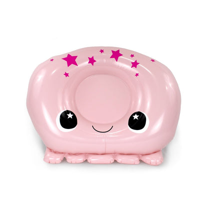 The Handi Andy 32" Inflatable Pool Float is a pink, jellyfish-shaped float with big eyes, a smiling mouth, star accents on top, and wavy tentacle-like edges—perfect for adding fun to your next pool party!.